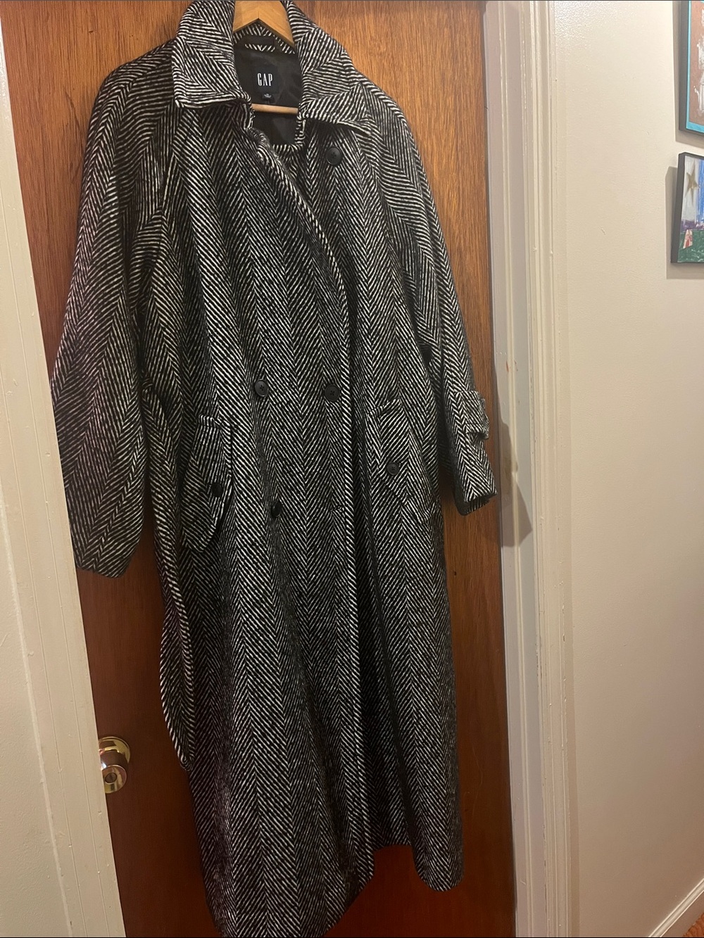 GAP Black and White Herringbone Trench Coat